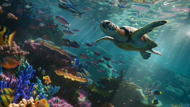 An underwater scene with a sea turtle gliding above a colorful tropical reef.