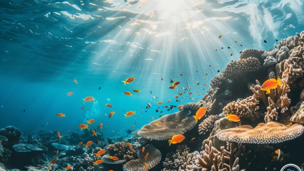 An underwater view of a deep sea 4K wallpaper with colorful fish and marine life.