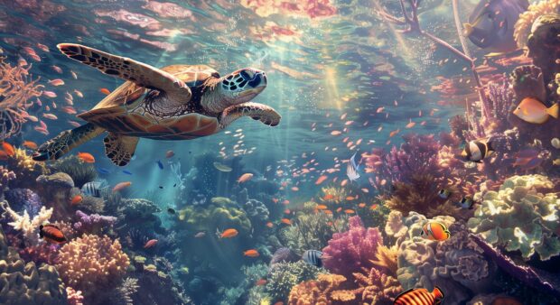 An underwater wallpaper with a sea turtle gliding above a colorful tropical reef, schools of fish swimming around.