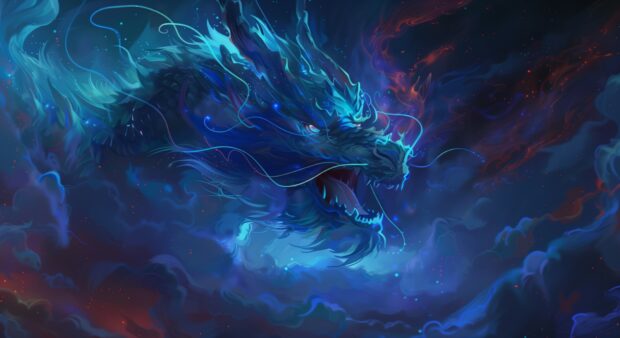 Art Blue Fire dragon 2K wallpaper.