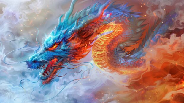 Art Hot Blue Fire dragon 4K wallpaper.