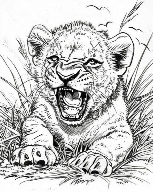 Baby lion roaring cutely, coloring pages printable.