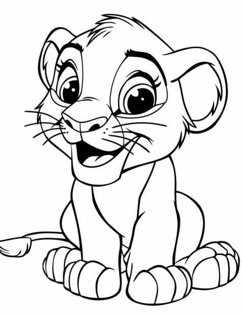 Baby lion with a big smile, coloring pages.