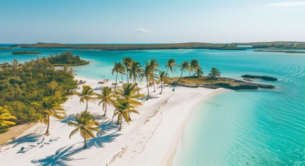 Bahamas Beach HD Wallpaper with powdery white sand and turquoise waters, surrounded by palm trees.