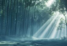 Bamboo forest Natre Desktop Wallpaper with sunlight filtering through, serene and peaceful atmosphere.