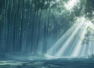 Bamboo forest Natre Desktop Wallpaper with sunlight filtering through, serene and peaceful atmosphere.