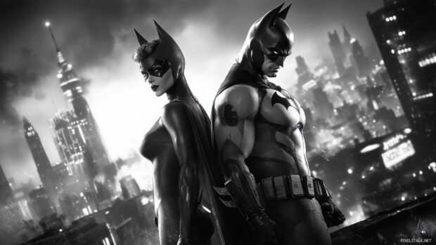 Batman and Catwoman standing back to back on a rooftop, Gotham skyline in the distance.