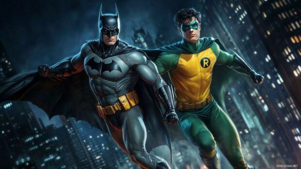 Batman and Robin teaming up.