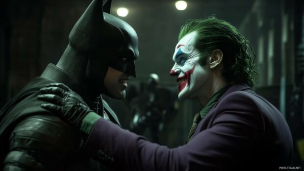 Batman and the Joker facing each other in a tense standoff, with a dark Gotham alley as the backdrop.