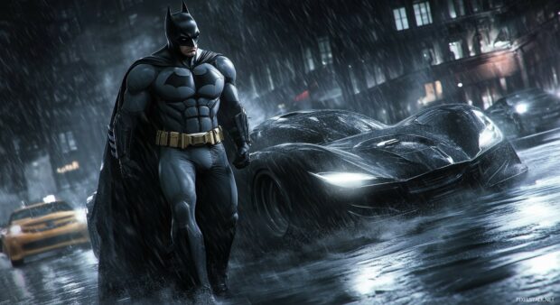 Batman in a high speed chase with the Batmobile, dodging obstacles in the streets of Gotham.