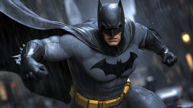 Batman in an epic pose, ready to leap into action, with rain pouring down in a gritty urban setting.