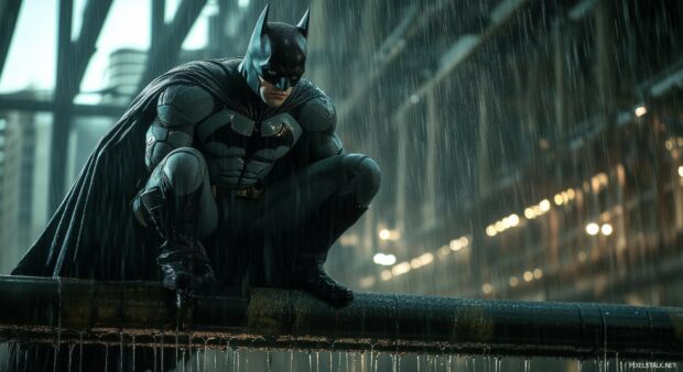 Batman in an epic pose, ready to leap into action, with rain pouring down in a gritty urban setting.