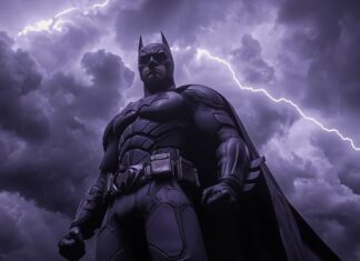 Batman lighting up the night sky, with dark clouds rolling in over Gotham.