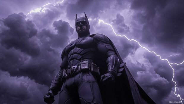 Batman lighting up the night sky, with dark clouds rolling in over Gotham.