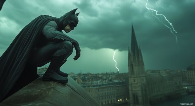 Batman perched on a gargoyle overlooking the city, with a stormy sky and lightning striking in the distance.