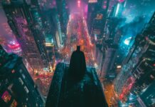 Batman perched on the edge of a skyscraper, looking down at the bustling streets of Gotham far below.