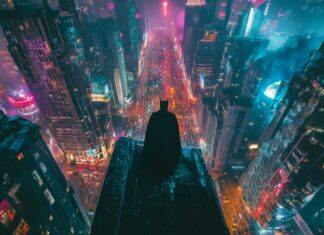 Batman perched on the edge of a skyscraper, looking down at the bustling streets of Gotham far below.