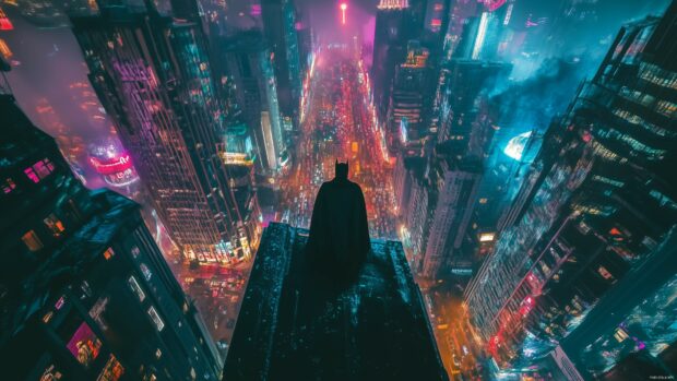 Batman perched on the edge of a skyscraper, looking down at the bustling streets of Gotham far below.