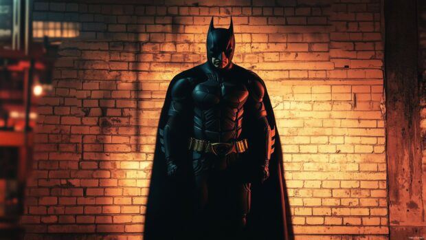 Batman shadow cast on a brick wall, with a sinister atmosphere and dim streetlights, 4K Wallpaper.