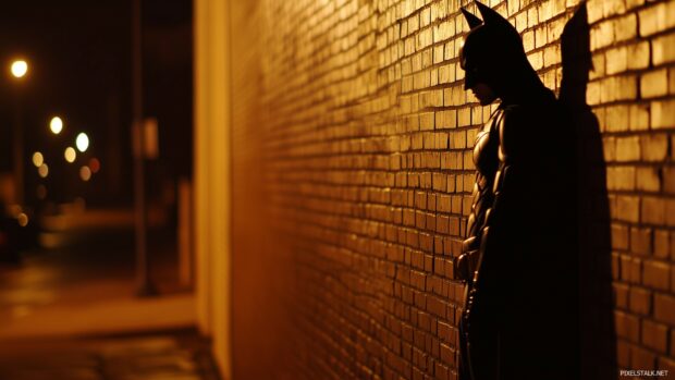 Batman shadow cast on a brick wall, with a sinister atmosphere and dim streetlights.