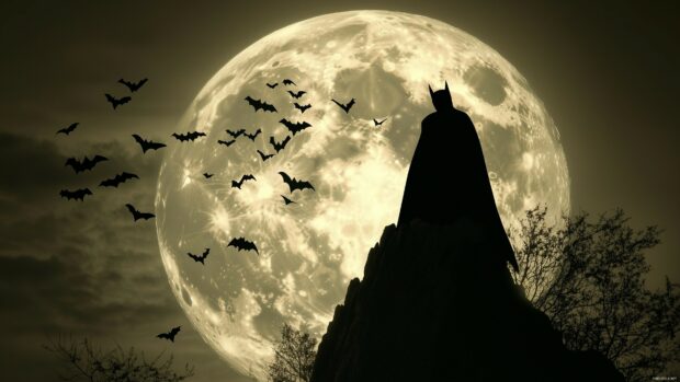 Batman silhouette against a giant full moon, with bats flying in the background.