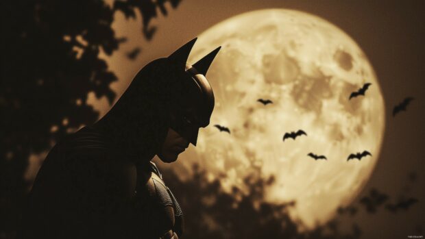 Batman silhouette against a giant full moon, with bats flying in the background.