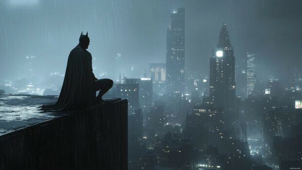 Batman silhouetted against the night sky, standing on the ledge of a tall building, with rain falling and the city of Gotham sprawling below.