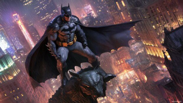 Batman standing on a gothic gargoyle, Cool Batman wallpaper HD.