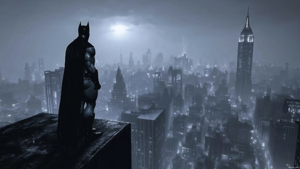 Batman standing tall on a skyscraper, looking out over Gotham as the sun begins to rise, 4K image.