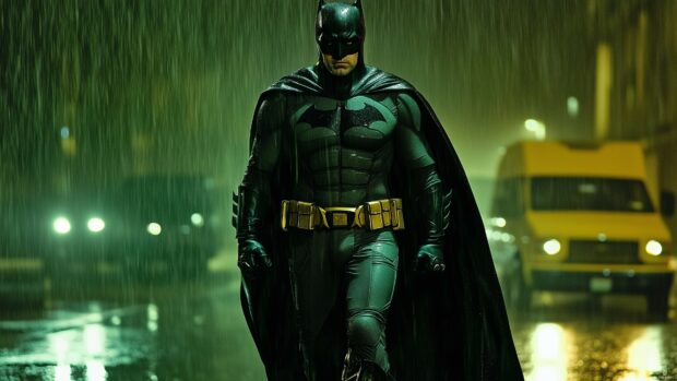 Batman walking through a rain soaked Gotham street, with his cape trailing behind him.