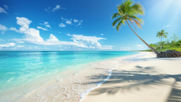 Beach Palm trees 4K wallpaper with powdery white sand and turquoise waters, surrounded by palm trees.