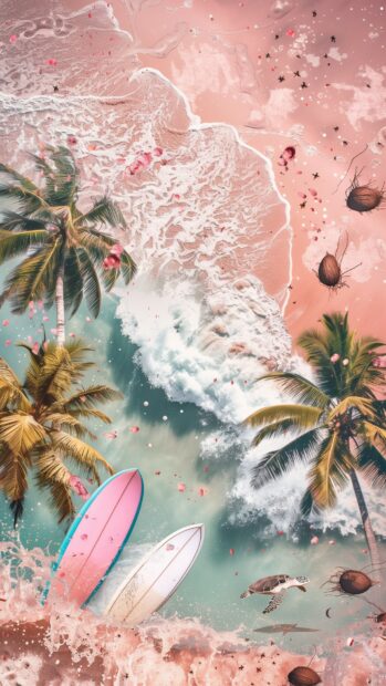 Beach background with surfboards, palm trees and coconuts.