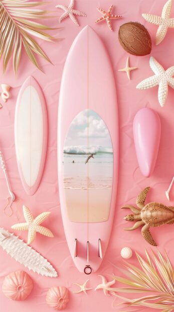 Beach theme with surfboards, palm trees and coconuts.