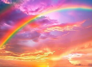 Beautiful 4K Wallpaper with a rainbow at sunset.