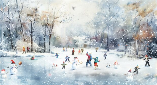 Beautiful Winter desktop wallpaper with snowmen and children playing in a winter park.