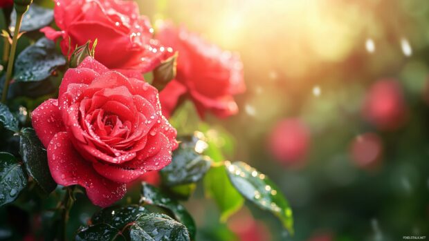 Beautiful flower 2K QHD wallpaper featuring vibrant roses in full bloom, with dewdrops glistening in the sunlight.