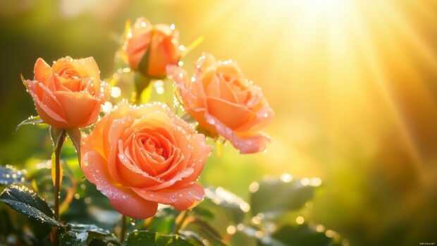 Beautiful flower wallpaper 4K resolution featuring vibrant roses in full bloom, with dewdrops glistening in the sunlight.