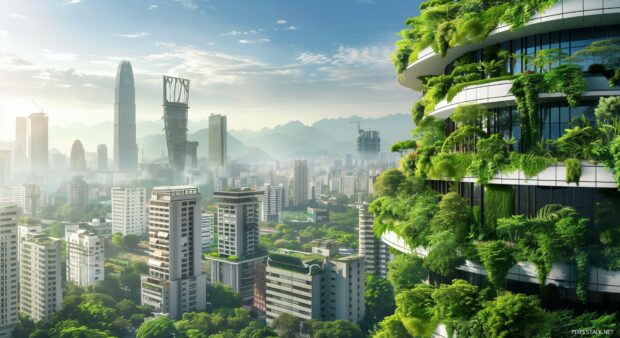 Best Desktop wallpaper with Urban jungle with skyscrapers intertwined with cool greenery.