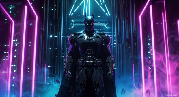 Best HD wallpaper for desktop with a robotic warrior standing in a neon lit cyberpunk city, in style of Sci fi.