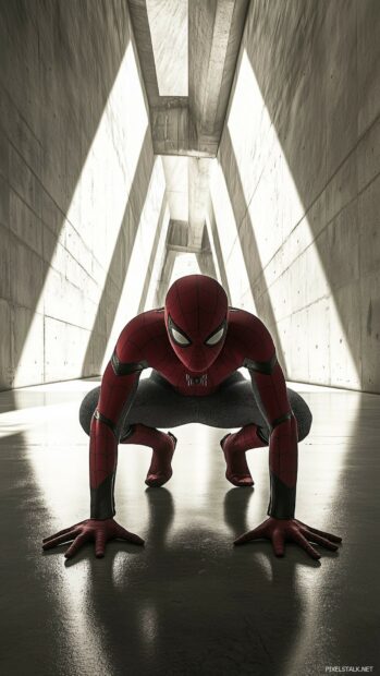 Black Spiderman crouched in a minimalistic shadowed environment.