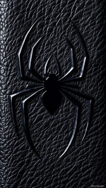 Black Spiderman logo embossed on a black leather texture background.