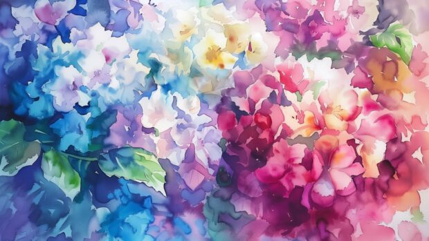 Blooming floral watercolor desktop 4K wallpaper with a variety of vibrant colors.