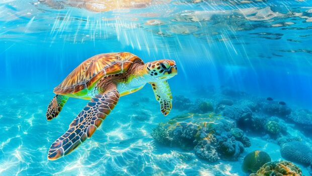 Blue Sea Desktop Background with a majestic sea turtle swimming gracefully in clear turquoise waters, sunlight filtering through the waves.