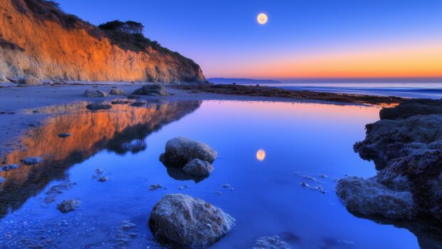 California beach at night desktop Wallpaper 4K, high quality image.