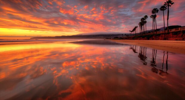 California beach background at sunset, with the sky ablaze in orange and pink hues reflecting on the ocean, palm trees lining the shore.