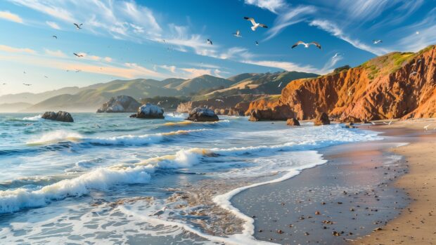 California beach with gentle waves lapping the shore, rocky cliffs in the background, and seagulls flying overhead.