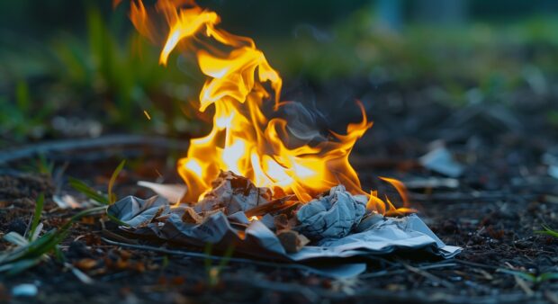 Campfire background withfFlames engulfing a piece of paper, capturing the moment of destruction.