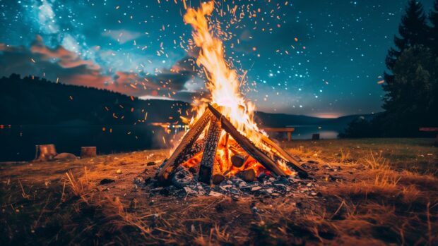 Campfire under a starry night sky, desktop background.