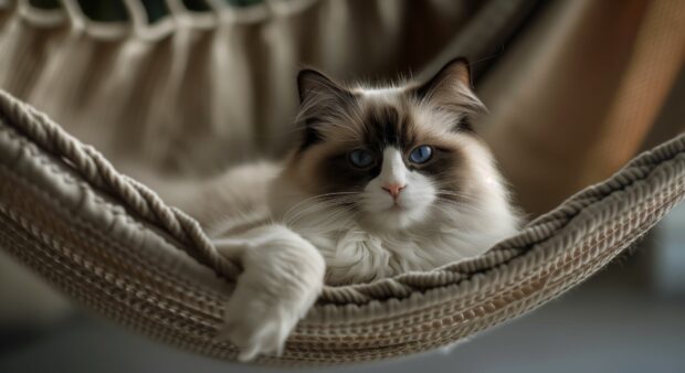 Cat Desktop Wallpaper with a serene Ragdoll cat lounging in a hammock, its fur blending with the soft fabric in a tranquil setting.