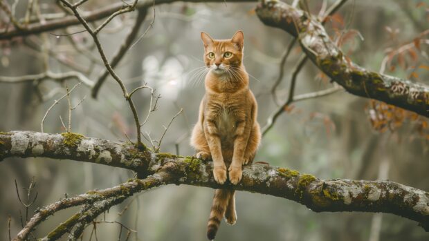 Cat desktop wallpaper 4K with a regal Abyssinian cat perched on a tree branch.